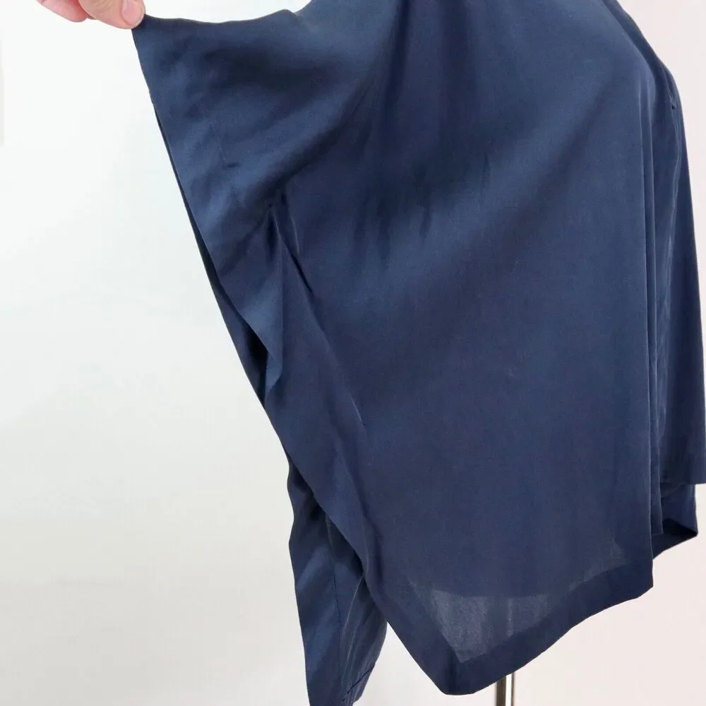 Vince Size S Stretch Silk Satin Boxy Blouse Gold Zipper Neck Navy Blue
